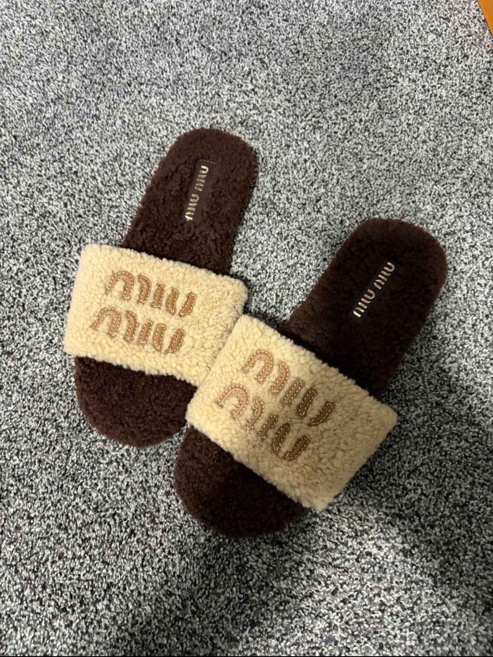 Miu Miu Brown and Cream Shearling Slide Sandals